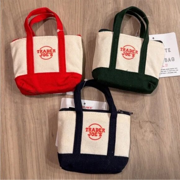 New Trader Joe's canvas micro tote with grocery bag set green navy red mini bag - Picture 3 of 7